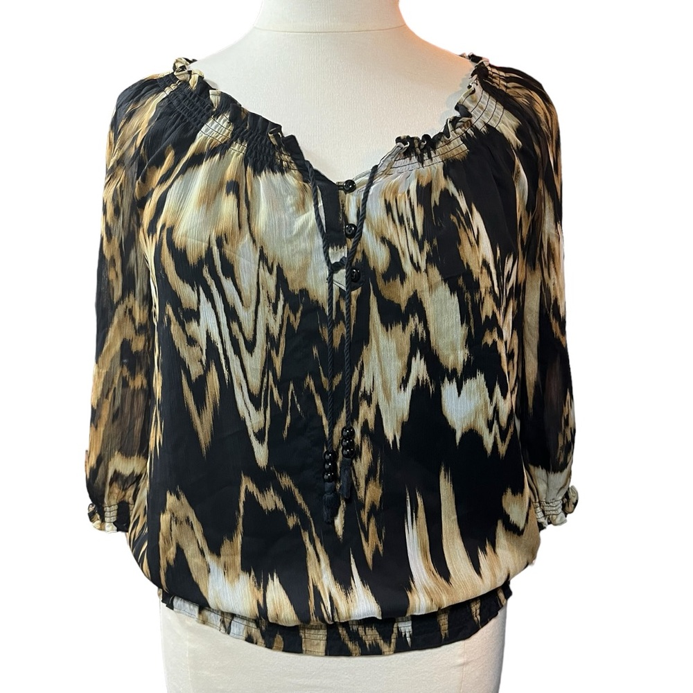 Jones NY Animal‎ Print Smocked Peasant Blouse Tassel Tie 3/4 Sleeve Top #496